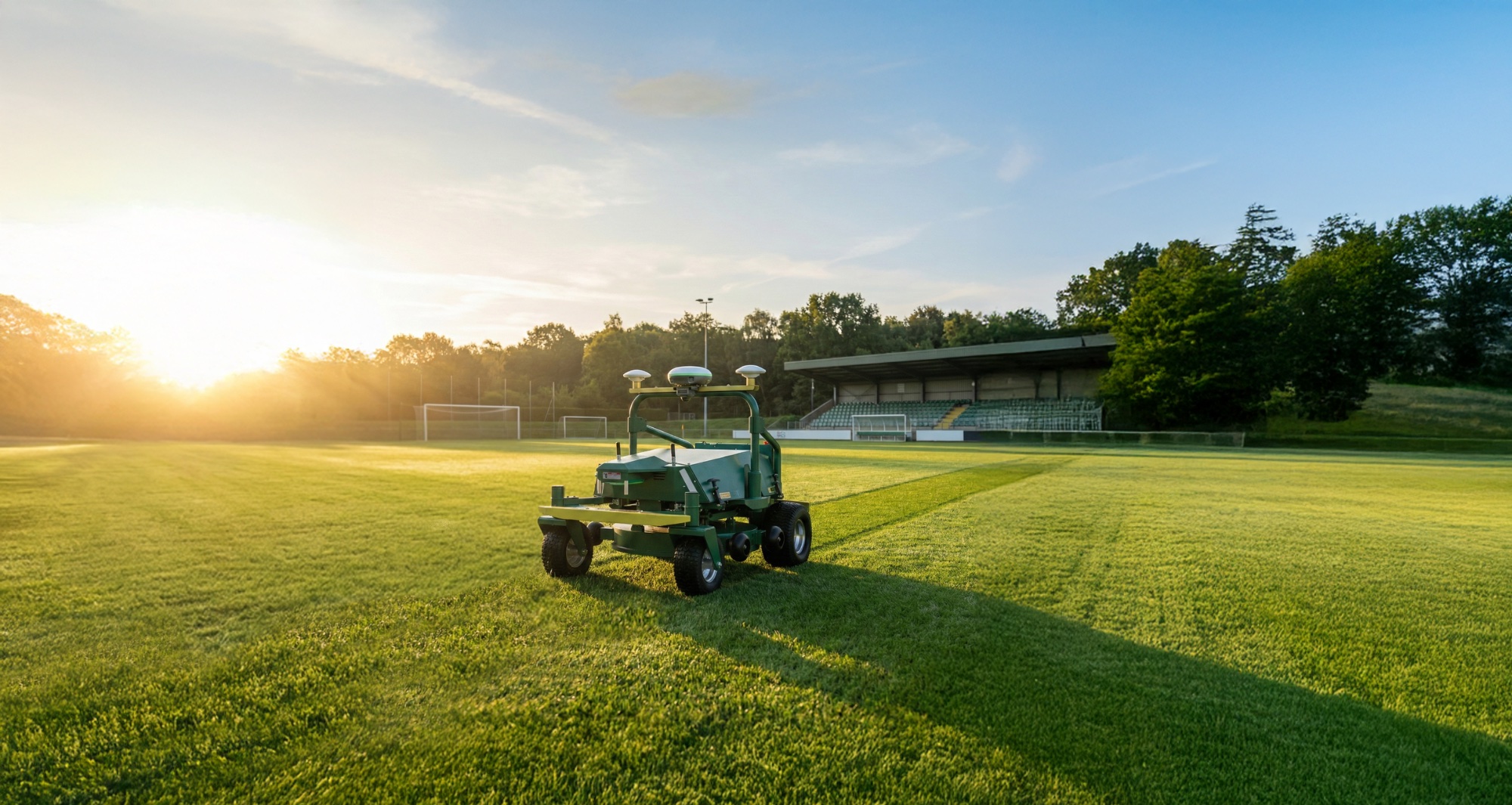 Le Moxy PRO en tonte au coucher de soleil sur un terrain de stade