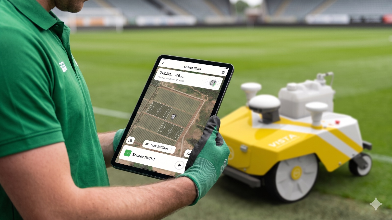 Un opérateur pilote le Vista depuis l'application, sur un terrain de stade